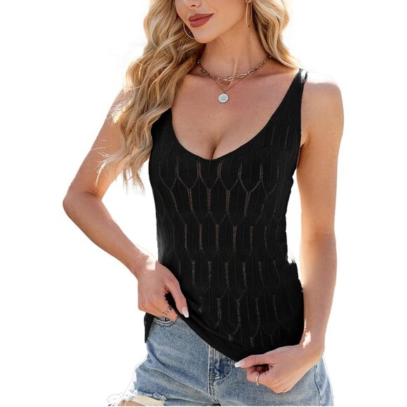 Feoya Women Black Scoop Neck Knitted Cami Layering Sleeveless Pointelle Sweater - Picture 1 of 6